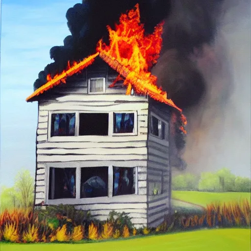 Prompt: acrylic painting of a house burning