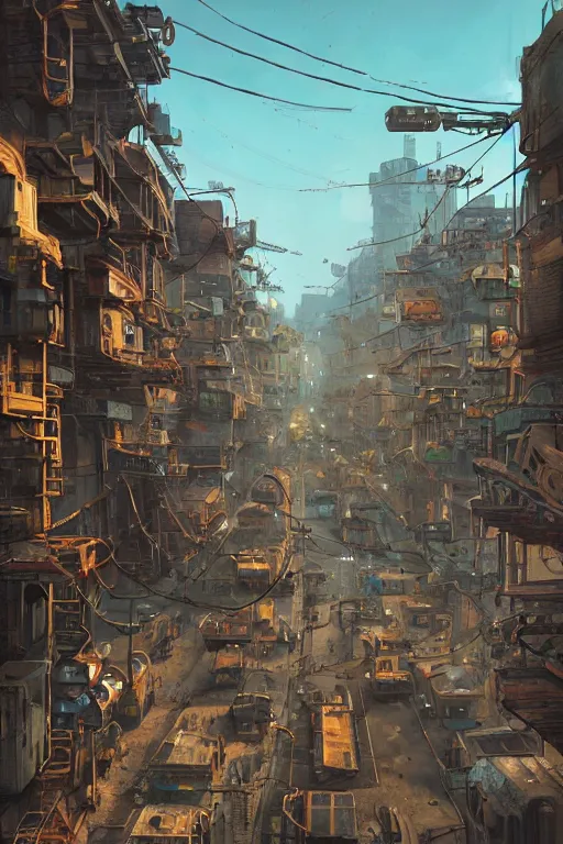 Prompt: a industrial STEAMPUNK CITY Street scenery in the FAVELAS, signs, billboards and cable Connecting MULTI LVL BUILDINGS, rendered by simon stålenhag, rendered by Beeple, Makoto Shinkai, syd meade, environment concept, digital art, starwars, raphael lacoste, eddie mendoza, alex ross, concept art, cinematic lighting, , unreal engine, 3 point perspective, WLOP, trending on artstation, low level, 4K UHD image, octane render,