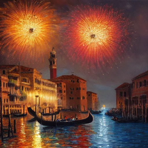 Image similar to an oil painting of couple kissing, in a background fireworks in venice