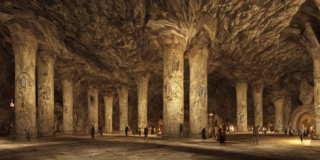 Prompt: The Great Hall of Moria underground city by John Howe, symmetrical, even spacing, gigantic pillars, sconces, intricate details, intricate stone carvings, Tolkien, unreal engine, octane render, trending on cgsociety, trending on artstation, epic, grandiose, awe inspiring, dwarven architecture, inlaid with gold