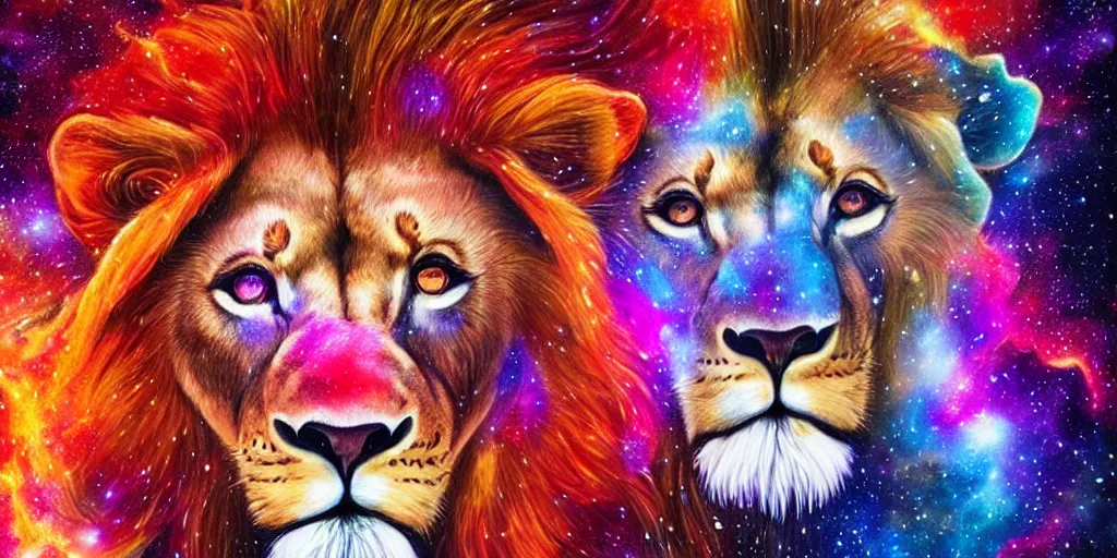 Prompt: concept art of a lion made of stars in space, vibrant colors, nebulas and astral objects, elegant, melting nebulas, very detailed, epic fantasy art, very colorful, ornate