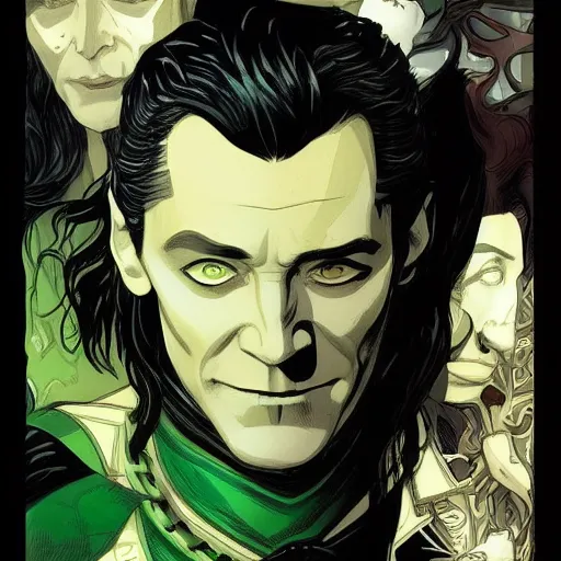 Image similar to !dream The artwork is conceptual artwork for a graphic novel that shows Loki, the god of mischief, in a variety of emotional states. Lee Garbett produced the artwork in 2015. The illustration is wonderfully detailed, and each expression on Loki's face is well captured.