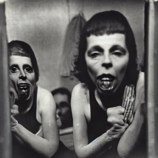 Prompt: high quality high detail photograph by diane arbus, hd, odd people acting crazy, intense, photorealistic lighting