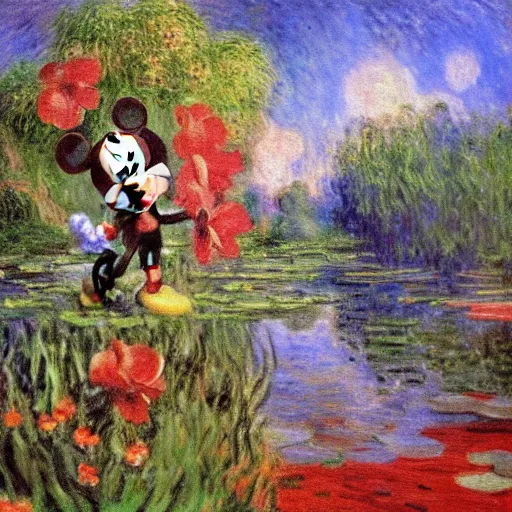 Image similar to mickey mouse in the garden of eden, oil painting by monet, masterpiece