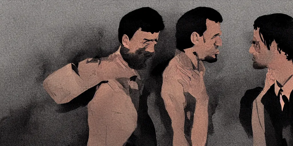 Prompt: A fist fight between two men, in the style of David Lynch, by Wes Anderson, concept art, arstation