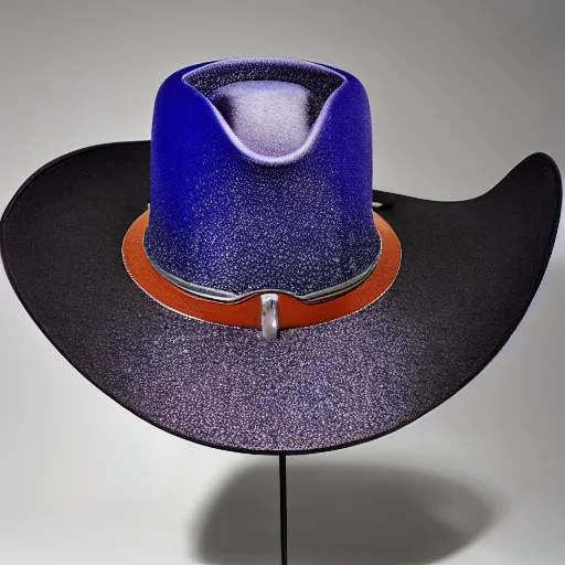 Image similar to [high tech cowboy hat in futuristic colours and fabrics, object design, couture]