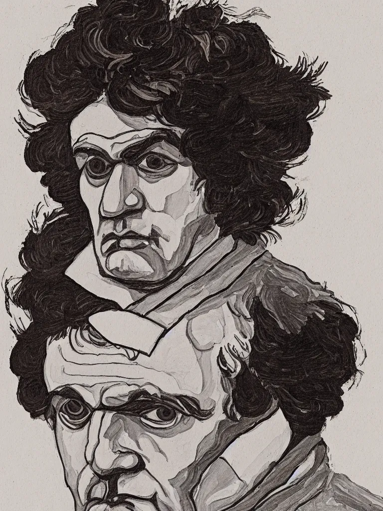 Image similar to a line art portrait of composer beethoven, inspired by the work of egon schiele.