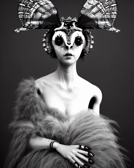 Image similar to surreal mythical dreamy dark artistic black and white fine art 3 / 4 fashion portrait photo of a young beautiful delicate female robot - owl with orchid - doll face, rim light, cinematic, studio dramatic light, poetic, masterpiece, octane render, 8 k, photo - realistic by gustave dore hg giger