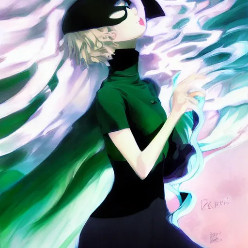 Image similar to painting of tatsumaki from one punch man, green wavy hair, black dress, cool color palette, refreshing, soft lighting, fine details, digital painting, pretty face, light and shadow effects, dynamic pose, by cushart krenz, by makoto shinkai