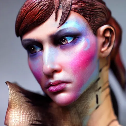 Image similar to ultra realistic painted sculpture of a beautiful cyberpunk woman. waxwork. cinematic makeup. detailed lifelike