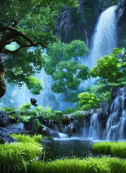 Prompt: lush tree in a pond with blue fruits and a waterfall in the background, by james gurney, concept art, intricate, hyper detailed, volumetric lighting, sharp focus, octane render, trending on artstation, 8 k