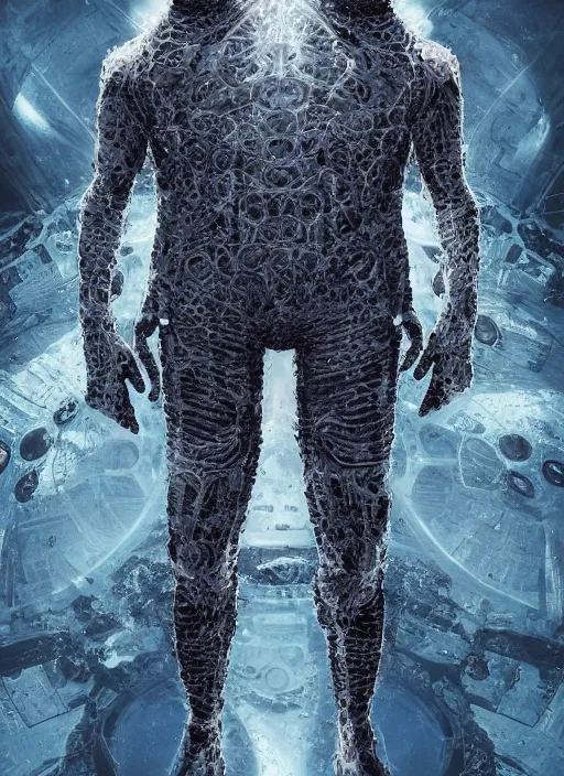 Image similar to astronauts in dark and empty void underwater - complex and hyperdetailed technical suit. reflection and dispersion materials. rays and dispersion of light. volumetric light. 5 0 mm, f / 3 2. noise film photo. flash photography. ultra realistic, wide angle. poster by wayne barlowe, hajime sorayama aaron horkey, craig mullins