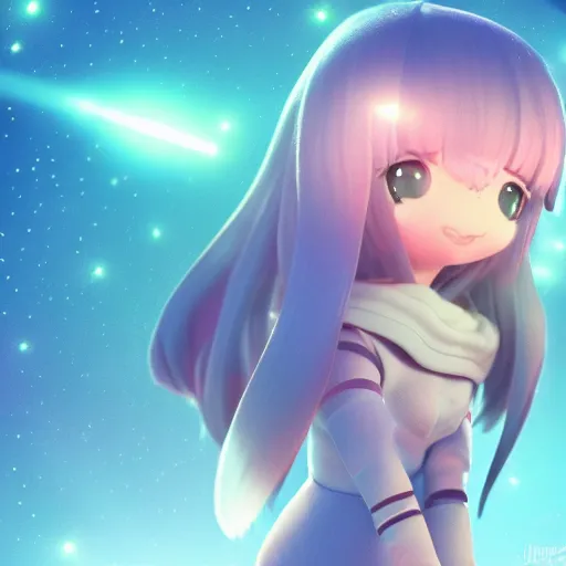 Prompt: cute fumo plush of a girl with a big heart, very long and unkempt hair, stylized pbr, subsurface scattering, outline glow lens flare, blob anime, bokeh, vray