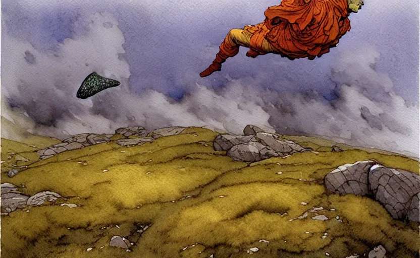 Image similar to a hyperrealist watercolour concept art of a flying rock. it is a misty night on the moors of ireland. by rebecca guay, michael kaluta, charles vess and jean moebius giraud