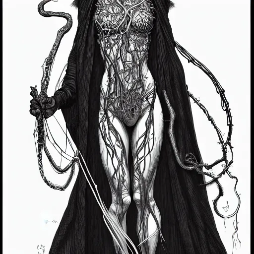 Image similar to wideview of an elven witch,intricate, veins, by Hugo pratt, ultradetailed, trending on artstation,