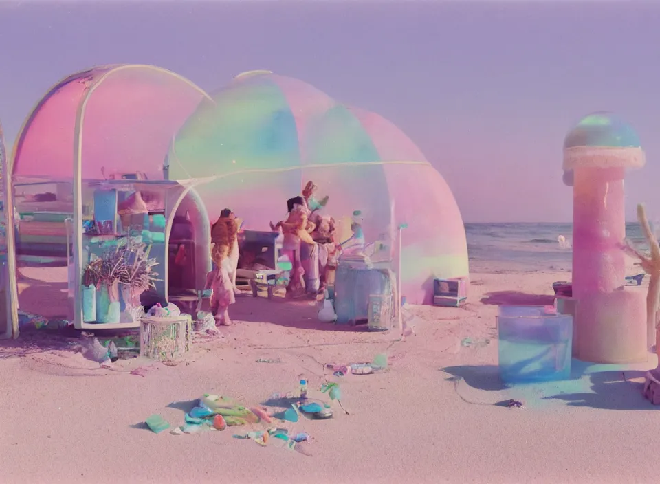 Image similar to a pastel coloured vintage family holiday photo of an empty beach from an alien dreamstate world with chalky pink iridescent!! sand, reflective lavender ocean water, dim bioluminescent plant life and an igloo shaped plastic transparent snack bar surrounded by holiday clutter opposite a pit with an iridescent blue flame flickering. glare. refraction, volumetric light.