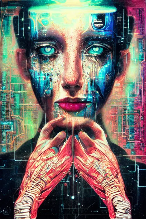 Image similar to portrait of computer & circuits, melting, nasa, 8 k, by tristan eaton, stanley artgermm, tom bagshaw, greg rutkowski, carne griffiths, ayami kojima, beksinski, giger, trending on deviantart, face enhance, hyper detailed, minimalist, cybernetic, android, blade runner, full of colour, super detailed