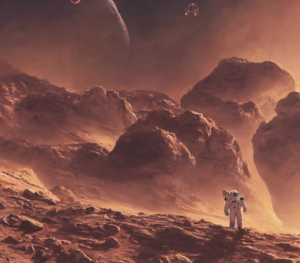 Image similar to Detailed photo of an astronaut seen from behind, he is standing on top of mount Venus on Mars, he is watching the Starship Super Heavy landing at the background, by Jordan Grimmer, digital art