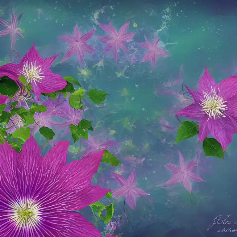 Prompt: clematis theme logo, clematis theme banner, clematis design, clematis in the deep sea, clematis like stars in the sky, trending on artstation, warm light, lovely and cute, fantasy art, 8 k resolution, highly detailed