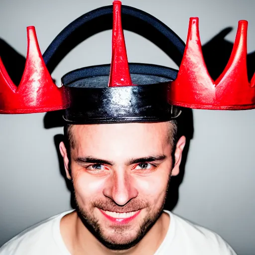 Image similar to man with a crown, smirk, photograph, black backgrounds, glowing red eyes