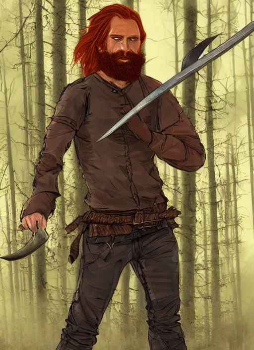 Image similar to grungy redhead 30-something scruffy bearded shoulder-length hair swordsman holding a short curved sword in a ultradetailed pacific northwest redcedar forest, smooth. sharp focus, grunge dingy high quality digital art detailed,