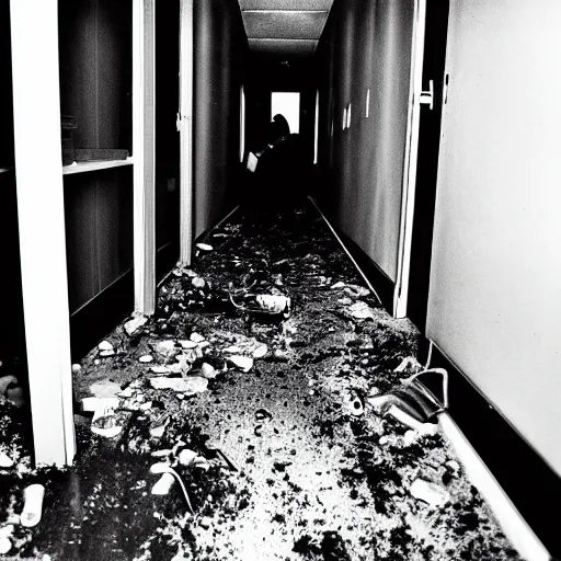 Prompt: security camera image of slenderman caught in the hallway of a rotting abandoned mental institution, syringes and medicine cups litter the dirty ground