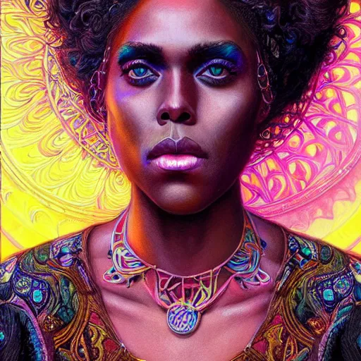 Image similar to portrait of dewanda wise, hyper detailed masterpiece, neon floral pattern, jean giraud, digital art painting, darkwave goth aesthetic, psychedelic, artgerm, donato giancola and tom bagshaw