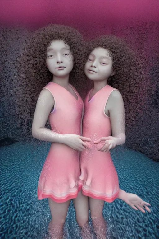 Prompt: 3d realistic dramatic infrared photo of two schoolgirls sisters with a realistic face and curly hair standing and hugging in a dark subway station under water in Japan. Close-up portrait. There are pink palm trees and translucent glow jellyfish flying around. Volumetric composition. Pastel colors in the style of Hiro Kiyohara, redshift, octane, trend artstation, cinematic, hyper realism, high detail, 8k