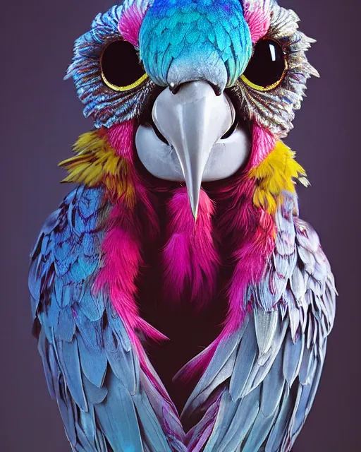 Prompt: natural light, soft focus portrait of a cyberpunk anthropomorphic parrot with soft synthetic pink skin, blue bioluminescent plastics, smooth shiny metal, elaborate ornate head piece, skin textures, by annie leibovitz, paul lehr
