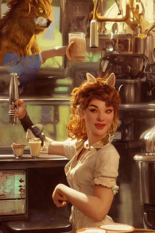 Image similar to a female anthro wolf serving milkshakes as a waitress, 5 0's diner, 4 k, furaffinity, trending on artstation, very expressive face, by gaston bussiere, craig mullins, sakimichan, gustav klimt, artgerm, greg rutkowski, alphonse mucha