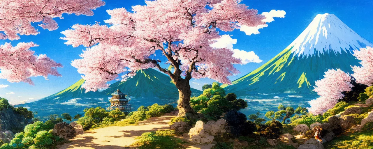 Prompt: ghibli illustrated background of a strikingly beautiful blue sky with puffy white clouds over a volcano with cherry blossom by eugene von guerard, ivan shishkin, john singer sargent, 4 k