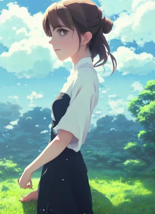 Prompt: portrait of a emma watson, cloudy sky background lush landscape illustration concept art anime key visual trending pixiv fanbox by wlop and greg rutkowski and makoto shinkai and studio ghibli