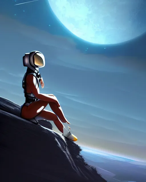 Image similar to concept art of a beautiful sleek futursitic astronaut, she is sitting in the edge of an alien cliff overlooking an alien landscape | | epic - fine - clean, polished, trending on artstation, anime style, brush strokes