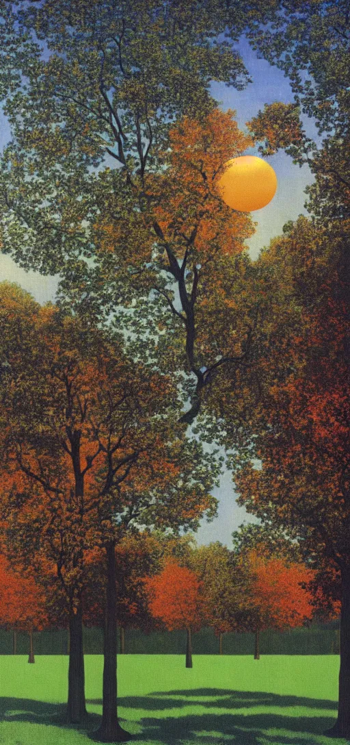 Image similar to Sunset on an autumn day in the park by Rene Magritte. Surreal. Fractal.