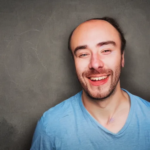 Prompt: photo of a dumb guy with no forehead