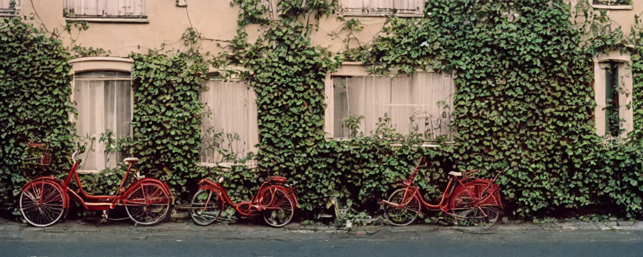 Image similar to growing!!!!! spaghetti!!!!! over ivy on a parisian side street, 1 9 5 0 s, canon 5 0 mm, bicycle, kodachrome, in the style of wes anderson, retro