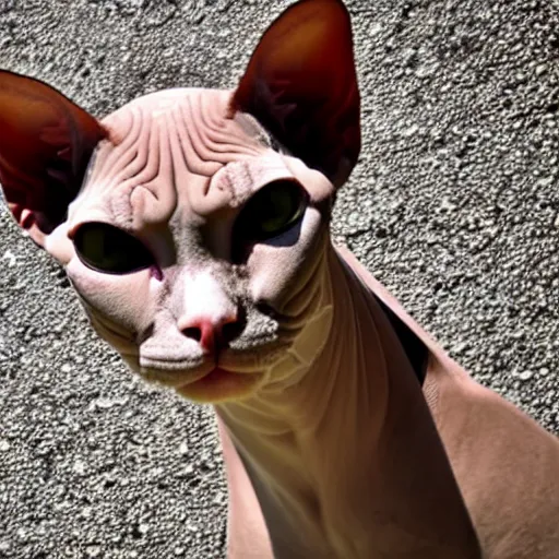 Prompt: close-up of Egyptian sphynx cat looking at camera, fisheye effect