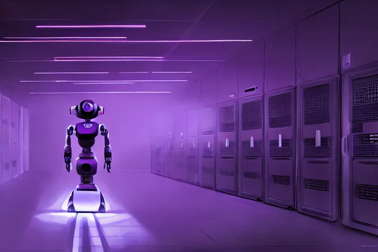 Image similar to hyperrealistic medium shot robot! in data center server highly detailed concept art eric zener elson peter cinematic hard purple lighting high angle hd 8 k sharp shallow depth of field, inspired by denis villeneuve and stanley kubrick