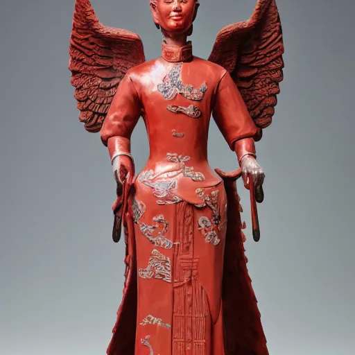 Prompt: museum angeline joile portrait statue monument made from chinese porcelain brush face hand painted with iron red dragons full - length very very detailed symmetrical well proportioned