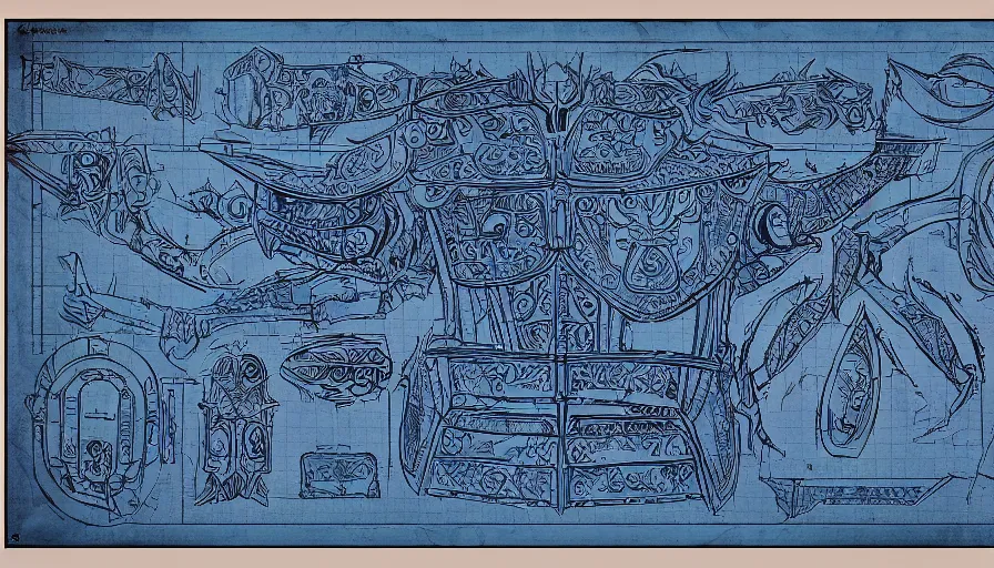 Image similar to blue board blueprint with lots of annotations of legs of an ornate armour, views front side and rear, covered in runic tattoos, Travis Charest style