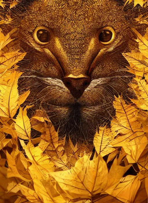 Image similar to golden leaves at frame border, creative!!! composition for a book cover, absurdly beautiful, ultrafine hyperrealistic detailed animal face by wlop and artgerm and greg rutkowski, intricate linework, sharp focus, smooth, plain background, unreal engine, dramatic lighting, ethereal, 8 k