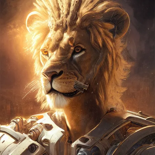 Image similar to portrait painting of a lion - headed cyborg with power armor, ultra realistic, concept art, intricate details, eerie, highly detailed, photorealistic, octane render, 8 k, unreal engine. art by artgerm and greg rutkowski and alphonse mucha