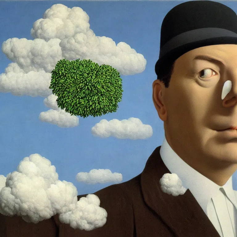 Image similar to portrait of a man whos head is hidden with a cloud, by rene magritte, detailed painting, hd, hq, high resolution, high detail, 4 k, 8 k