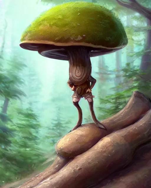Prompt: concept art of a mushroom creature, wearing tight clothes made of rocks, standing on a log in a forest | | cute - fine - fine details by stanley artgerm lau, wlop, rossdraws, and sakimichan, trending on artstation, brush strokes