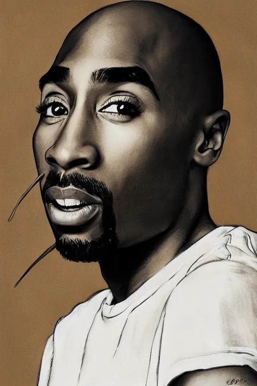 Image similar to Tupac, illustrated in whimsical style, Illustration by Norman Rockwell, artgerm, loish, oil painting,