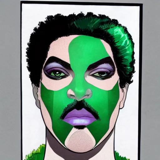 Image similar to a portrait of prince as gemini in a batman film. half his face is white with green hair. in the style of herbert bayer