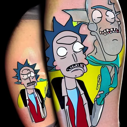 Image similar to rick and morty as weekend at bernies, pinup style tattoo, photograph