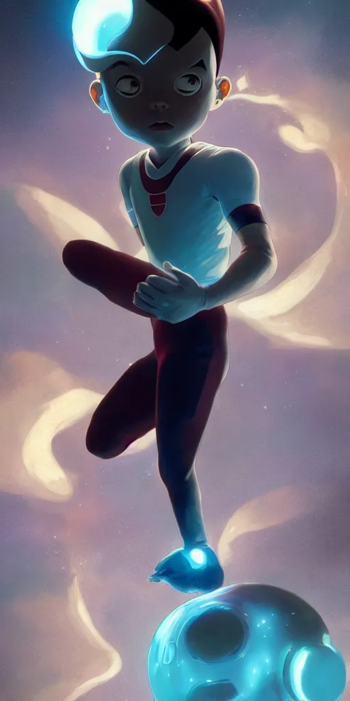 Image similar to portrait of Astroboy, centered full body pose, zenith angle, shadowy area, dramatic lighting, concept art, digital painting, Unreal Engine 5, 8K, art by artgerm and Greg Rutkowski and Alphonse Mucha