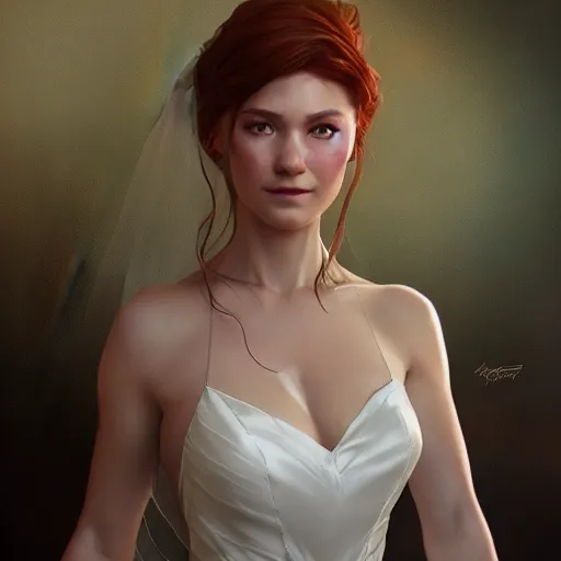 Prompt: mary jane watson in a wedding dress, cg animation, riot entertainment, arcane, realistic, character select portrait, by artgerm, greg rutkowski, alphonse mucha, 3 d