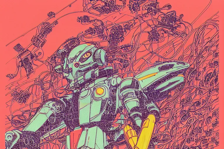 Image similar to risograph grainy drawing vintage sci - fi, satoshi kon color palette, gigantic gundam full - body covered with human bodies and wires, with lot tentacles, vermilion color, codex seraphinianus painting by moebius and satoshi kon and dirk dzimirsky close - up portrait